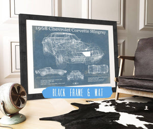 20" x 16" / Black Frame & Mat Cutler West 1968 Chevrolet Corvette Stingray Blueprint Vintage Auto Print