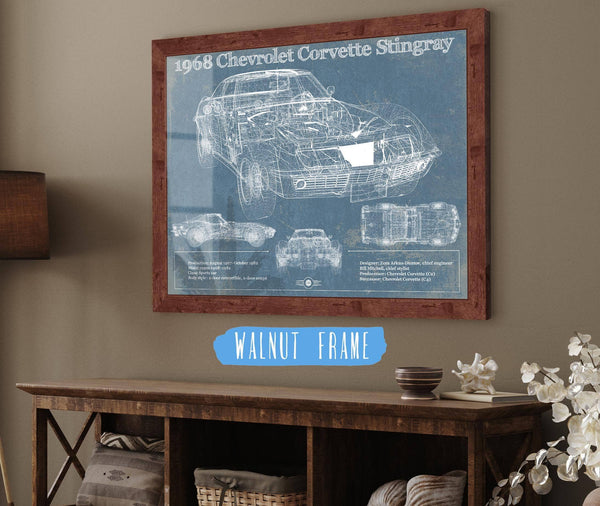 20" x 16" / Walnut Frame Cutler West 1968 Chevrolet Corvette Stingray Blueprint Vintage Auto Print