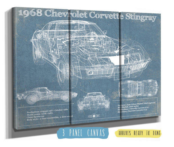 36" x 24" / 3 Panel Canvas Wrap Cutler West 1968 Chevrolet Corvette Stingray Blueprint Vintage Auto Print