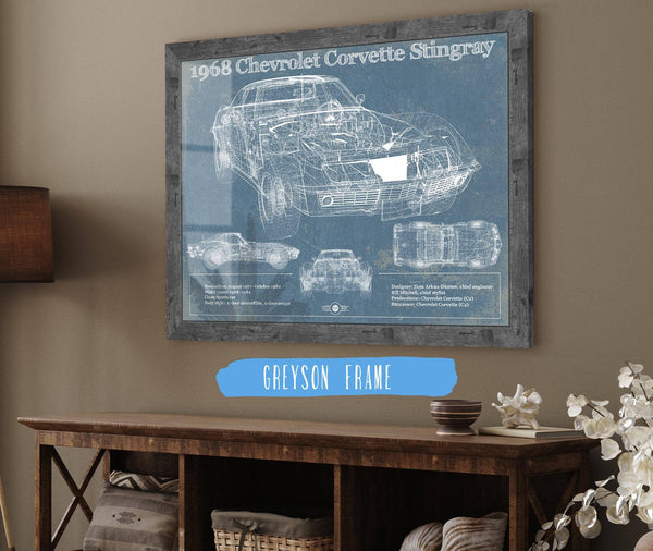 36" x 24" / Greyson Frame Cutler West 1968 Chevrolet Corvette Stingray Blueprint Vintage Auto Print