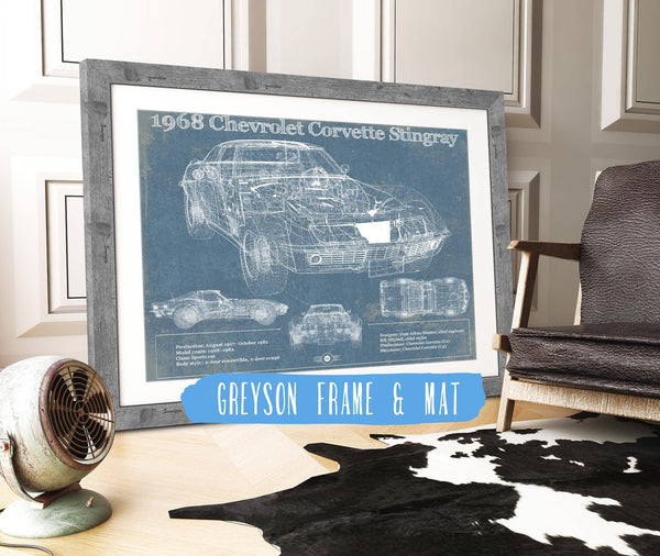 36" x 24" / Greyson Frame & Mat Cutler West 1968 Chevrolet Corvette Stingray Blueprint Vintage Auto Print