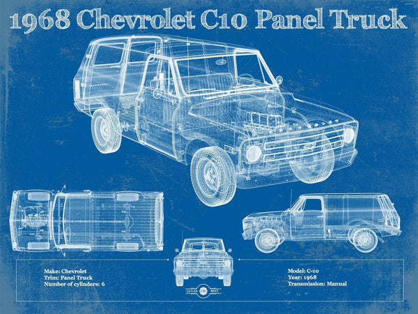 14" x 11" / Unframed Cutler West 1968 Chevy C10 Pickup Panel Truck Vintage Blueprint