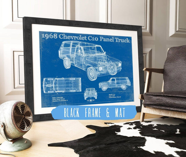 20" x 16" / Black Frame & Mat Cutler West 1968 Chevy C10 Pickup Panel Truck Vintage Blueprint