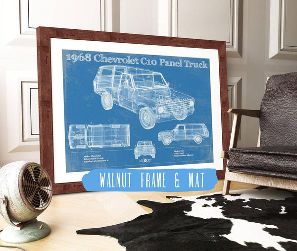 20" x 16" / Walnut Frame & Mat Cutler West 1968 Chevy C10 Pickup Panel Truck Vintage Blueprint