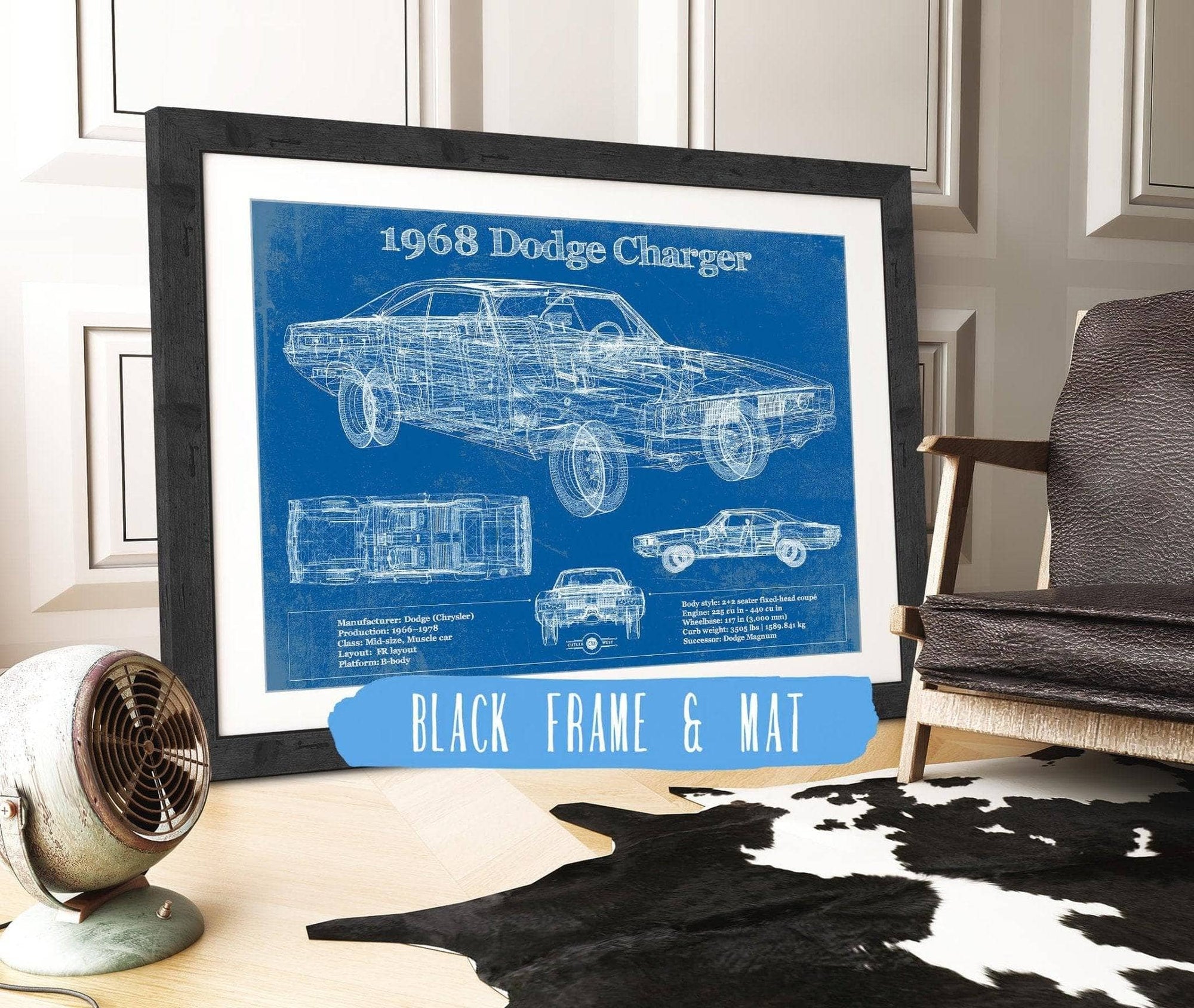 Cutler West Dodge Collection 14" x 11" / Black Frame & Mat 1968 Dodge Charger Vintage Blueprint Auto Print 933311008_42469