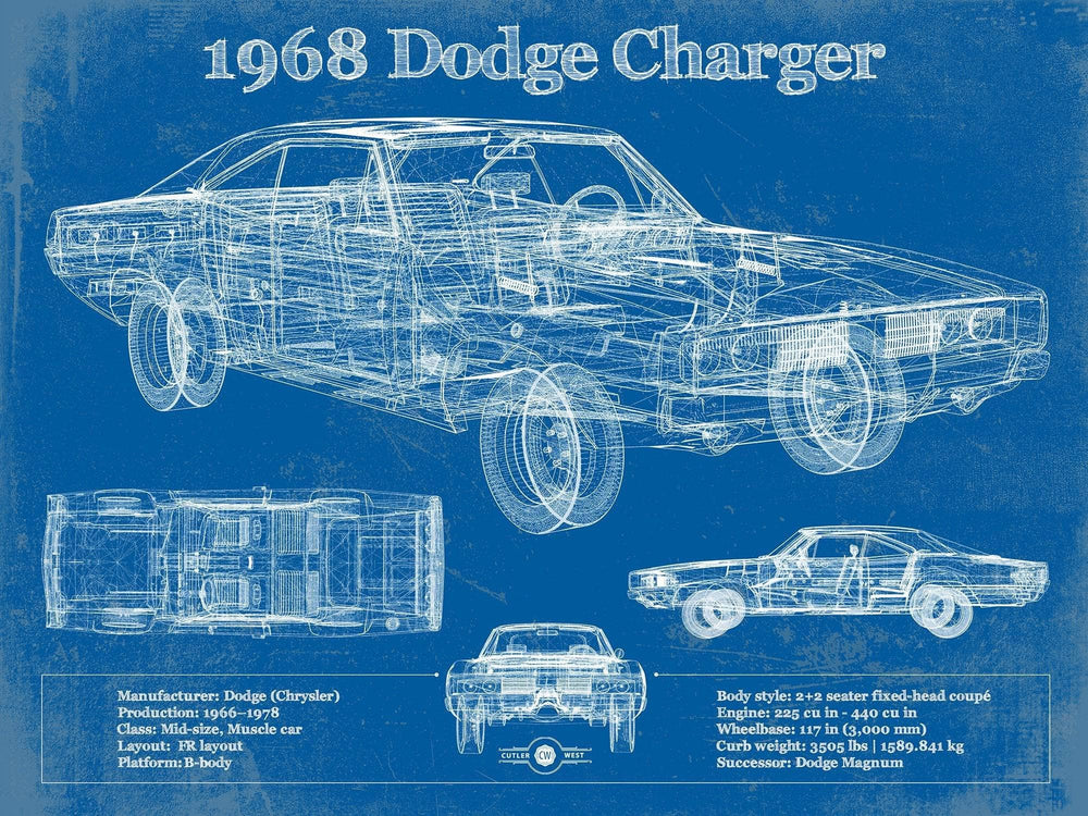 14" x 11" / Stretched Canvas Wrap Cutler West 1968 Dodge Charger Vintage Blueprint Auto Print