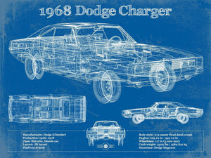 14" x 11" / Unframed Cutler West 1968 Dodge Charger Vintage Blueprint Auto Print
