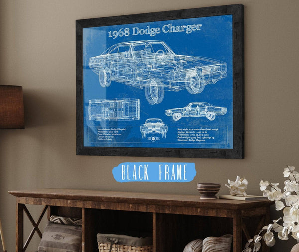 20" x 16" / Black Frame Cutler West 1968 Dodge Charger Vintage Blueprint Auto Print