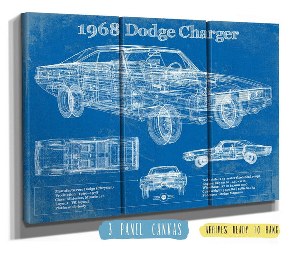 36" x 24" / 3 Panel Canvas Wrap Cutler West 1968 Dodge Charger Vintage Blueprint Auto Print