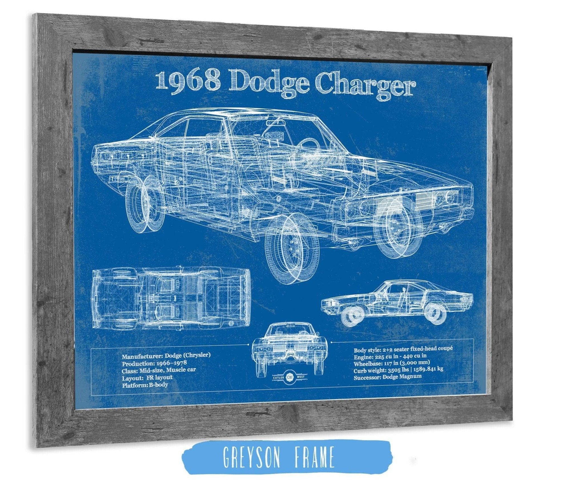 Cutler West Dodge Collection 14" x 11" / Greyson Frame 1968 Dodge Charger Vintage Blueprint Auto Print 933311008_42474