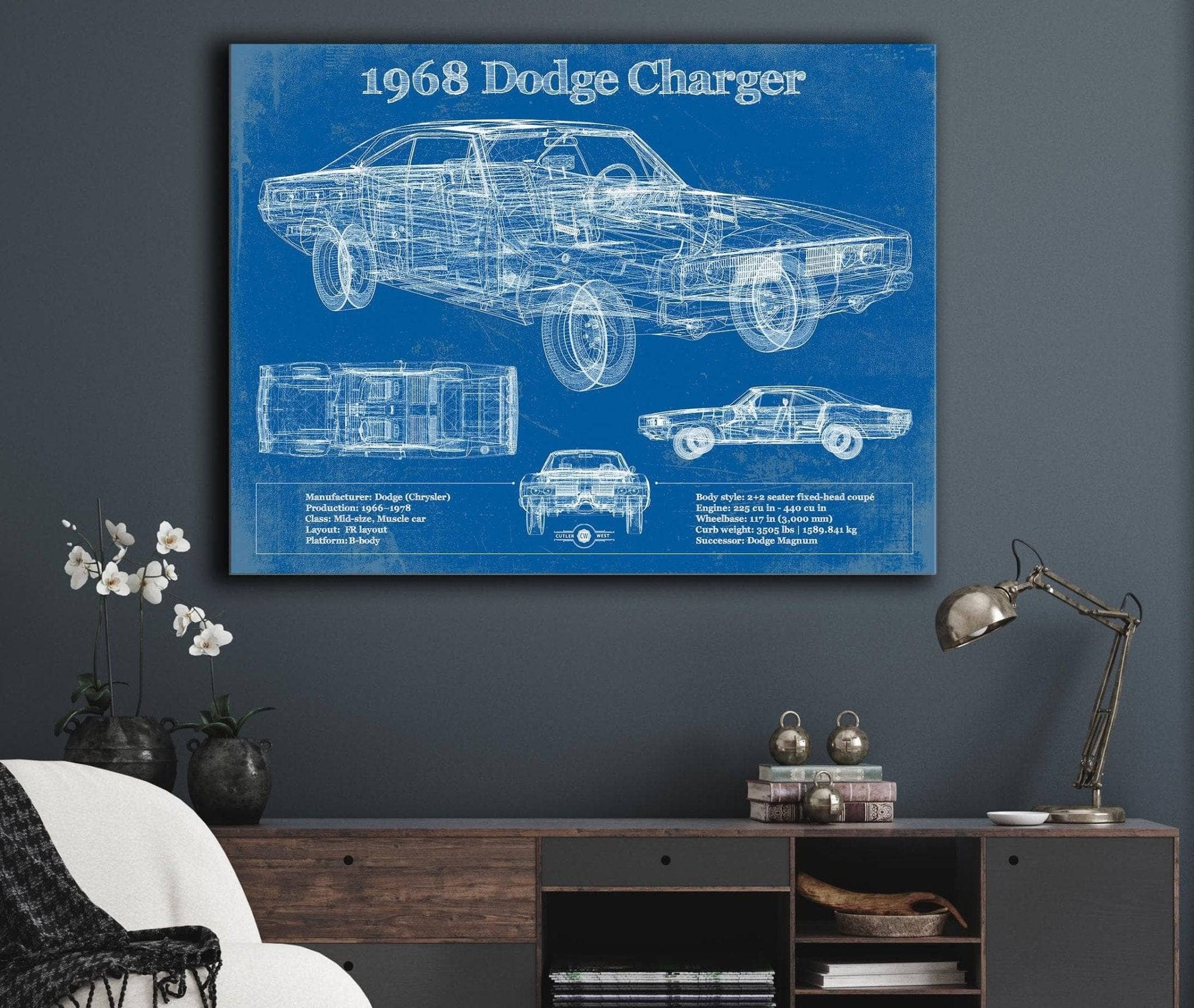 Cutler West Dodge Collection 1968 Dodge Charger Vintage Blueprint Auto Print