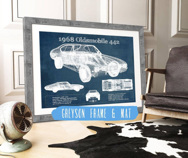14" x 11" / Greyson Frame & Mat Cutler West 1968 Oldsmobile 442 Vintage Blueprint Auto Print