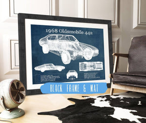 20" x 16" / Black Frame & Mat Cutler West 1968 Oldsmobile 442 Vintage Blueprint Auto Print