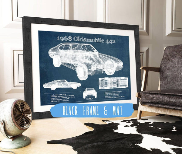 20" x 16" / Black Frame & Mat Cutler West 1968 Oldsmobile 442 Vintage Blueprint Auto Print