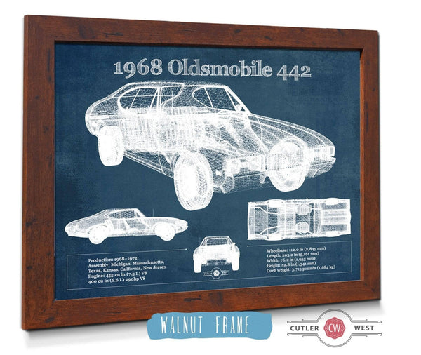 20" x 16" / Walnut Frame Cutler West 1968 Oldsmobile 442 Vintage Blueprint Auto Print