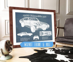 20" x 16" / Walnut Frame & Mat Cutler West 1968 Oldsmobile 442 Vintage Blueprint Auto Print