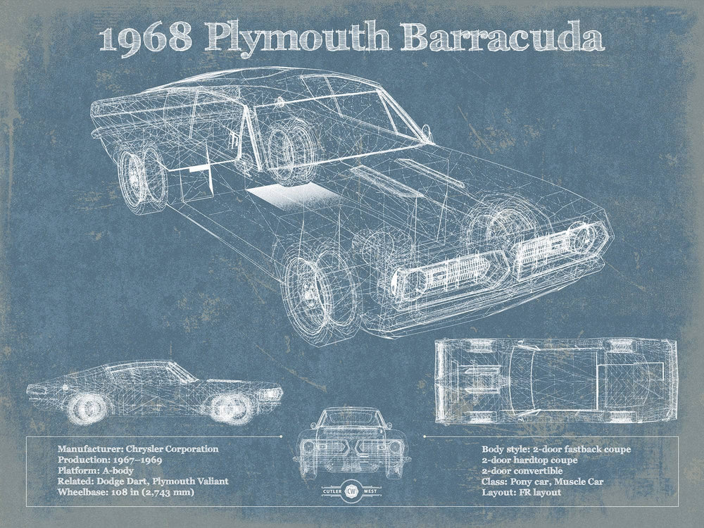14" x 11" / Stretched Canvas Wrap Cutler West 1968 Plymouth Barracuda Original Blueprint Art