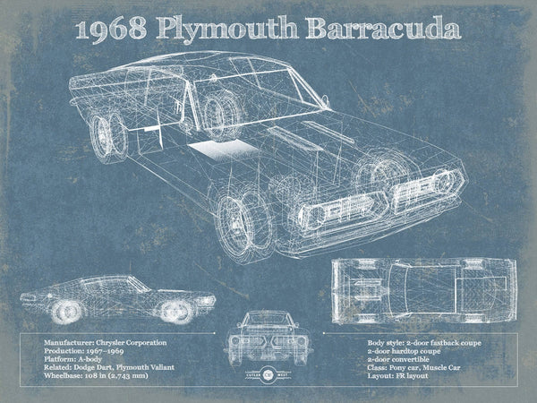14" x 11" / Unframed Cutler West 1968 Plymouth Barracuda Original Blueprint Art