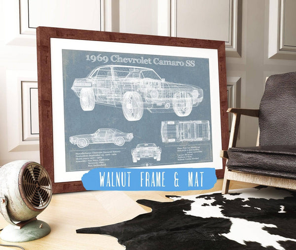 20" x 16" / Walnut Frame & Mat Cutler West 1969 Chevrolet Camaro SS Original Vintage Car Print