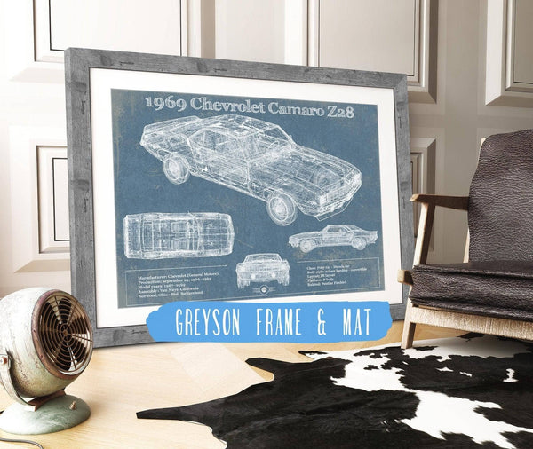 14" x 11" / Greyson Frame & Mat Cutler West 1969 Chevrolet Camaro Z28 Blueprint Vintage Auto Patent Print