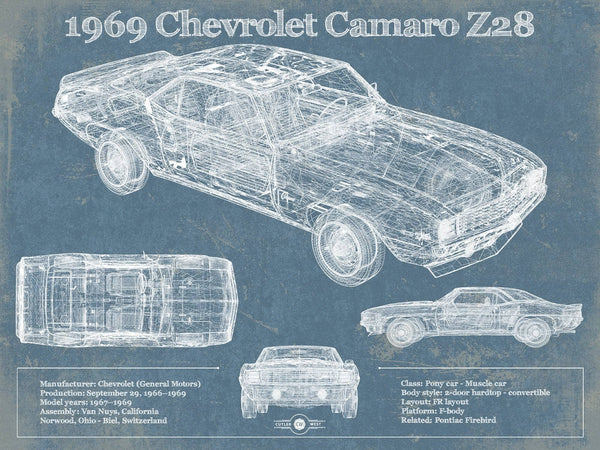 14" x 11" / Unframed Cutler West 1969 Chevrolet Camaro Z28 Blueprint Vintage Auto Patent Print
