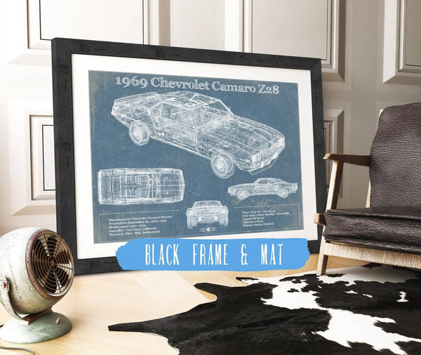 20" x 16" / Black Frame & Mat Cutler West 1969 Chevrolet Camaro Z28 Blueprint Vintage Auto Patent Print