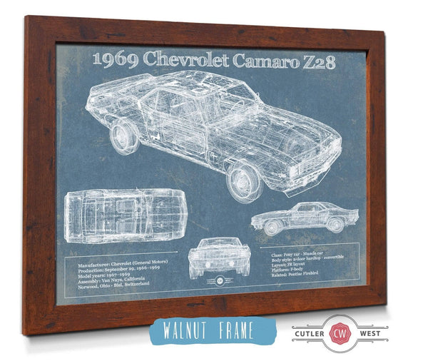 20" x 16" / Walnut Frame Cutler West 1969 Chevrolet Camaro Z28 Blueprint Vintage Auto Patent Print