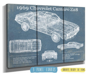 36" x 24" / 3 Panel Canvas Wrap Cutler West 1969 Chevrolet Camaro Z28 Blueprint Vintage Auto Patent Print