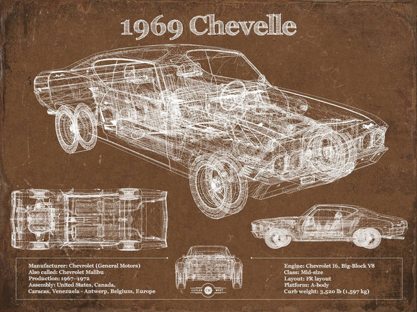 14" x 11" / Unframed Cutler West 1969 Chevrolet Chevelle Malibu Original Blueprint Art