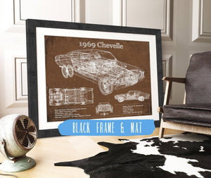 20" x 16" / Black Frame & Mat Cutler West 1969 Chevrolet Chevelle Malibu Original Blueprint Art