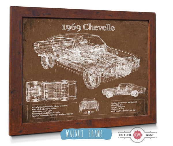 20" x 16" / Walnut Frame Cutler West 1969 Chevrolet Chevelle Malibu Original Blueprint Art