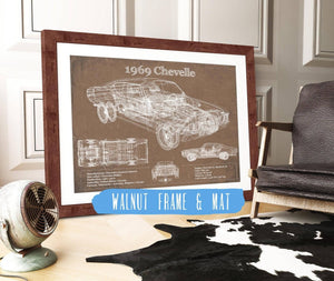 20" x 16" / Walnut Frame & Mat Cutler West 1969 Chevrolet Chevelle Malibu Original Blueprint Art