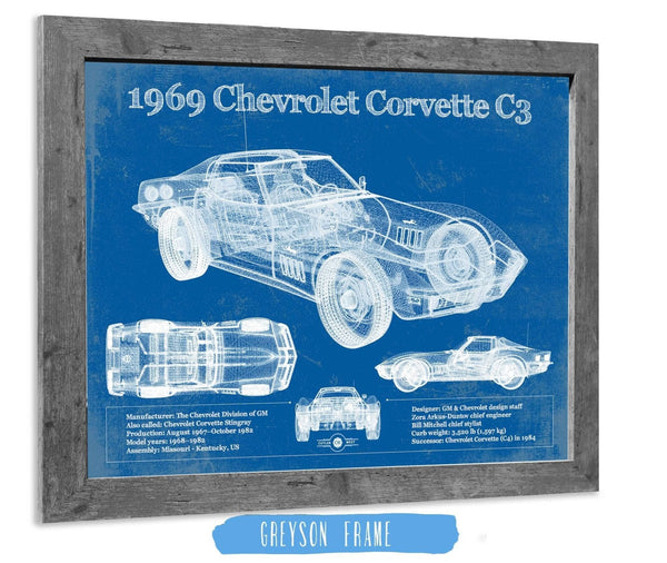 14" x 11" / Greyson Frame Cutler West 1969 Chevrolet Corvette C3 Blueprint Vintage Auto Print