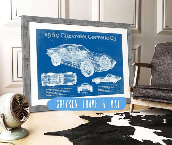 14" x 11" / Greyson Frame & Mat Cutler West 1969 Chevrolet Corvette C3 Blueprint Vintage Auto Print