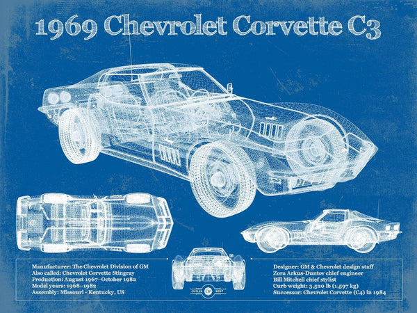 14" x 11" / Unframed Cutler West 1969 Chevrolet Corvette C3 Blueprint Vintage Auto Print