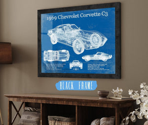 20" x 16" / Black Frame Cutler West 1969 Chevrolet Corvette C3 Blueprint Vintage Auto Print