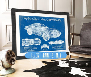 20" x 16" / Black Frame & Mat Cutler West 1969 Chevrolet Corvette C3 Blueprint Vintage Auto Print