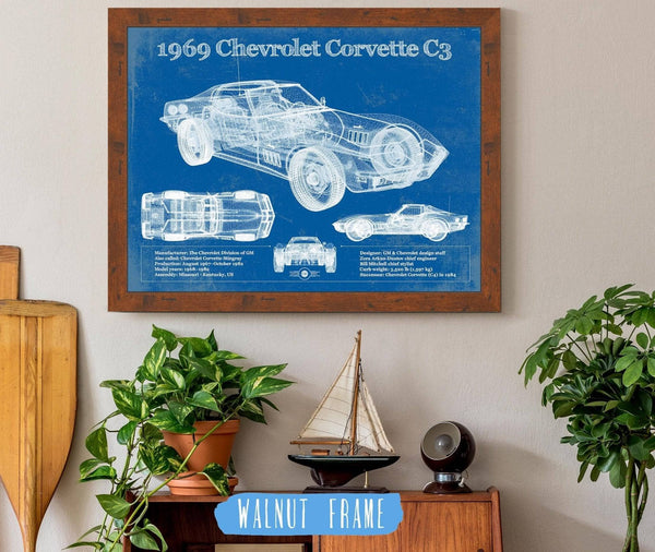 20" x 16" / Walnut Frame Cutler West 1969 Chevrolet Corvette C3 Blueprint Vintage Auto Print