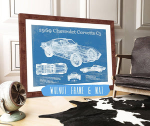 20" x 16" / Walnut Frame & Mat Cutler West 1969 Chevrolet Corvette C3 Blueprint Vintage Auto Print