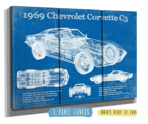 36" x 24" / 3 Panel Canvas Wrap Cutler West 1969 Chevrolet Corvette C3 Blueprint Vintage Auto Print
