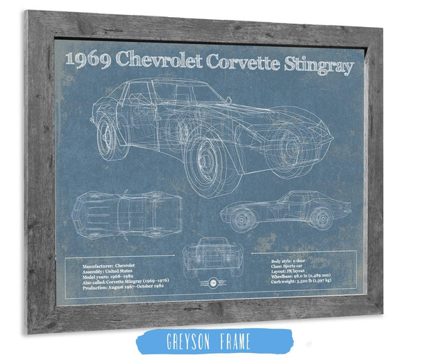 14" x 11" / Greyson Frame Cutler West 1969 Chevrolet Corvette Stingray Vintage Blueprint Auto Print