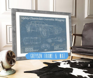 14" x 11" / Greyson Frame & Mat Cutler West 1969 Chevrolet Corvette Stingray Vintage Blueprint Auto Print