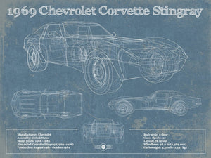14" x 11" / Unframed Cutler West 1969 Chevrolet Corvette Stingray Vintage Blueprint Auto Print