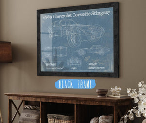 20" x 16" / Black Frame Cutler West 1969 Chevrolet Corvette Stingray Vintage Blueprint Auto Print