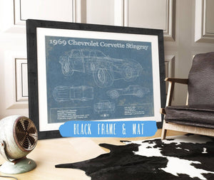 20" x 16" / Black Frame & Mat Cutler West 1969 Chevrolet Corvette Stingray Vintage Blueprint Auto Print