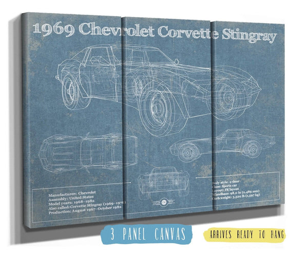 36" x 24" / 3 Panel Canvas Wrap Cutler West 1969 Chevrolet Corvette Stingray Vintage Blueprint Auto Print