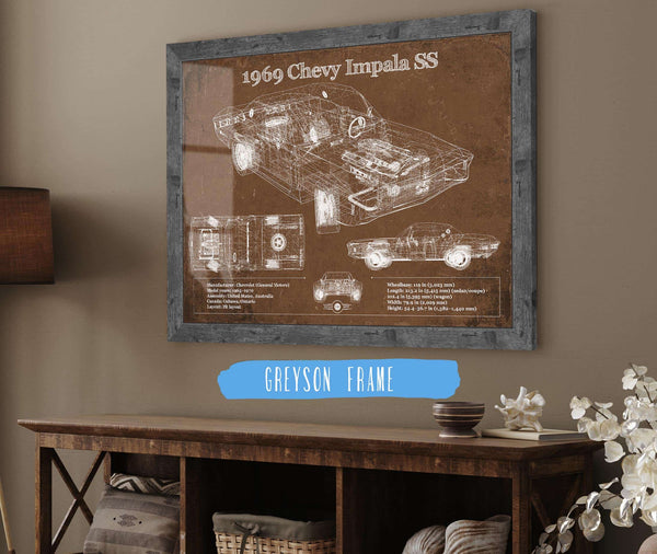 14" x 11" / Greyson Frame Cutler West 1969 Chevy Impala SS Vintage Blueprint Auto Print