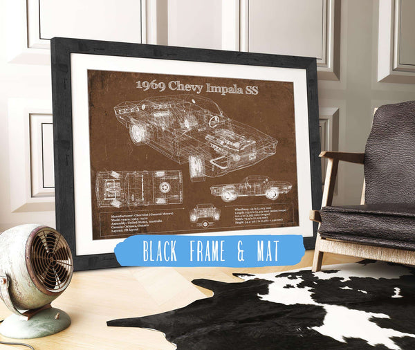 20" x 16" / Black Frame & Mat Cutler West 1969 Chevy Impala SS Vintage Blueprint Auto Print