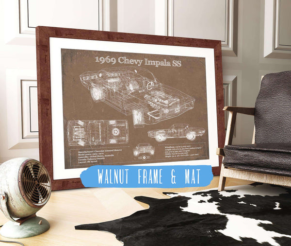 20" x 16" / Walnut Frame & Mat Cutler West 1969 Chevy Impala SS Vintage Blueprint Auto Print