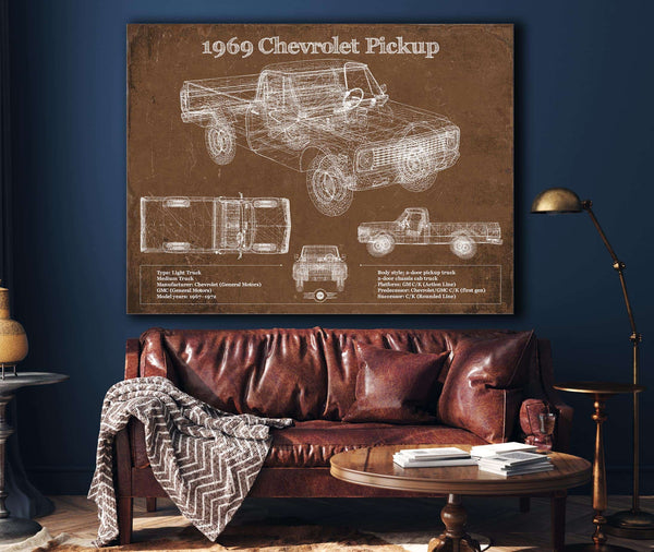 Cutler West 1969 Chevy Shortbox Pickup Vintage Blueprint Auto Print